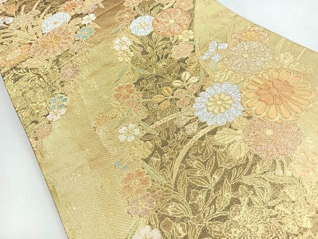 平和屋着物◎佐賀錦 両面 六通柄袋帯 草花文 金銀糸 正絹 逸品