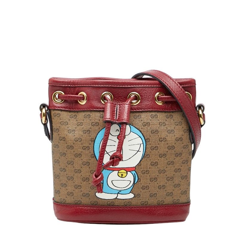 グッチ × ドラえもん マイクロGGスプリーム ミニバケットバッグ ショルダーバッグ 647801 ブラウン レッド PVC レザー GUCCI 【中古】 グッチ × ドラえもん マイクロGGスプリーム ミニ バケットバッグ 斜め