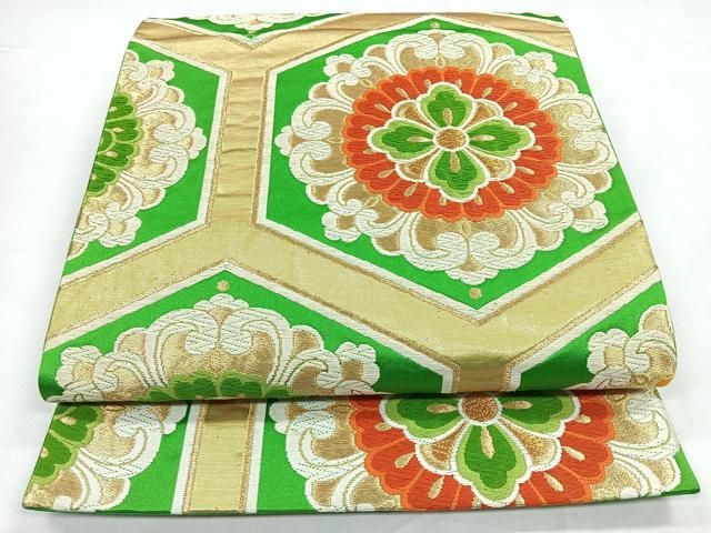 平和屋着物◎六通柄袋帯 唐織 亀甲花文 金糸 正絹 逸品 CABB1180nb