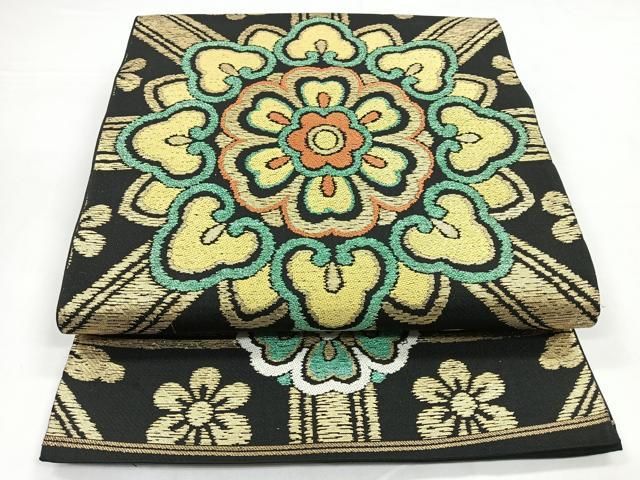平和屋着物◎六通柄袋帯 正倉院花文 黒地 金糸 正絹 逸品 CABB1182nb