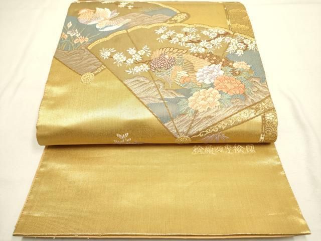 平和屋着物●六通柄　本袋帯　誰が袖扇　金糸　正絹　逸品　CAAX1493hy 平和屋着物◎六通柄袋帯 桧扇四季絵図 金糸 正絹 逸品 DABA6783op