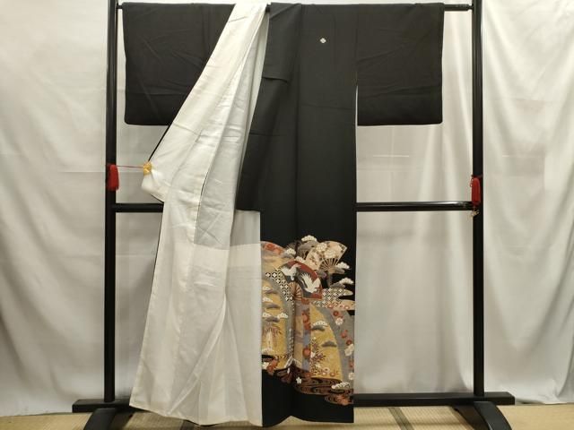 平和屋着物□豪華黒留袖 駒刺繍 扇面飛鶴花文 金銀彩 正絹 逸品