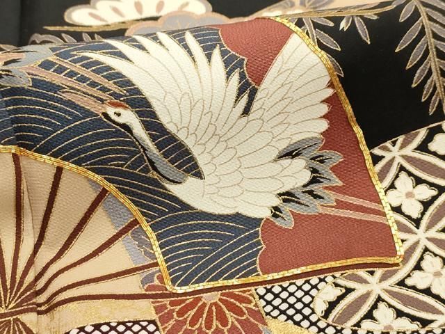 平和屋着物□豪華黒留袖 駒刺繍 扇面飛鶴花文 金銀彩 正絹 逸品