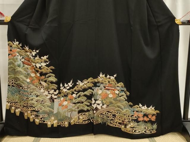 平和屋着物□豪華黒留袖 駒刺繍 渡橋風景文 鶴 金彩 正絹 逸品