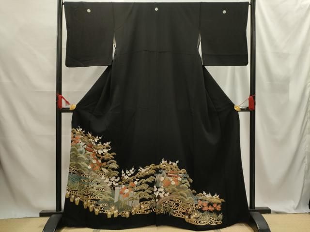 平和屋着物□豪華黒留袖 駒刺繍 渡橋風景文 鶴 金彩 正絹 逸品