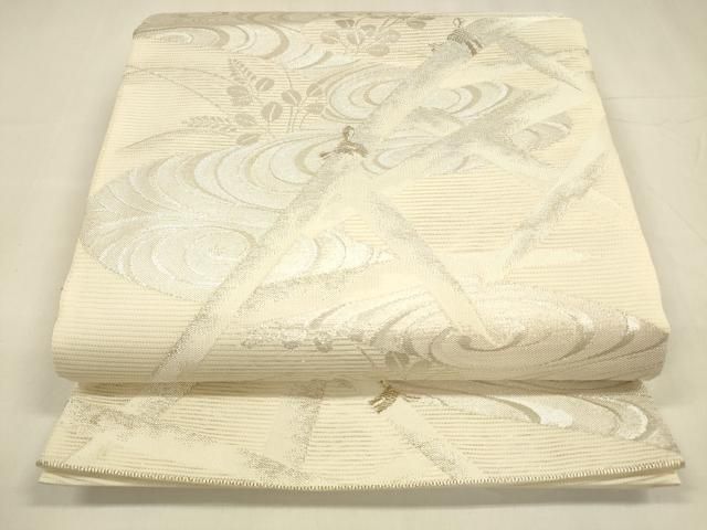 平和屋着物＊夏物 六通柄袋帯 流水籬草葉文 銀糸 正絹 cm