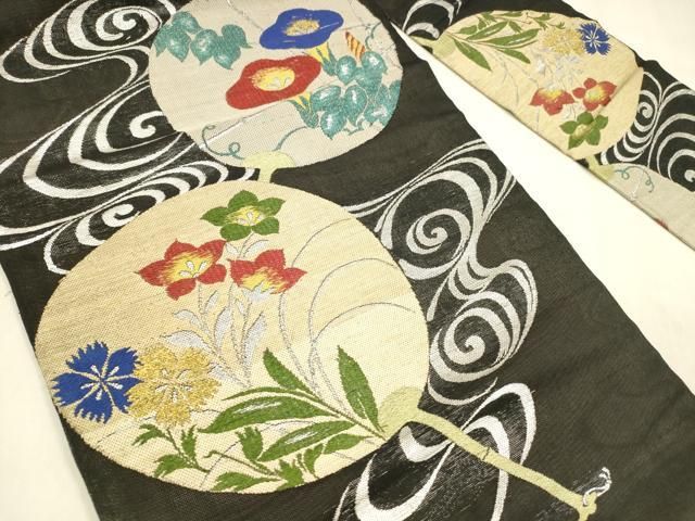 平和屋着物＊夏物 アンティーク 大正ロマン 九寸名古屋帯 流水草花文 黒地 金銀糸 正絹 cm