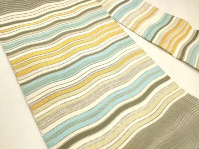 平和屋着物＊夏物 絽綴れ 八寸名古屋帯 よろけ縞 金銀糸 正絹 cm