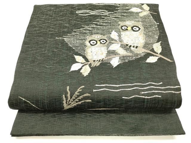 平和屋着物＊夏物 太鼓柄袋帯 ぜんまい紬 草葉文 梟 黒地 金糸 正絹