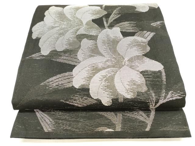 平和屋着物＊夏物 六通柄 本袋帯 百合 黒地 銀糸 正絹 cm