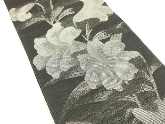 平和屋着物＊夏物 六通柄 本袋帯 百合 黒地 銀糸 正絹 cm