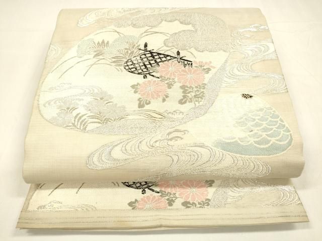 平和屋着物＊夏物 アンティーク 大正ロマン 丸帯 引き抜き帯 唐織 貝合わせ流水草花文 銀糸 正絹 cm