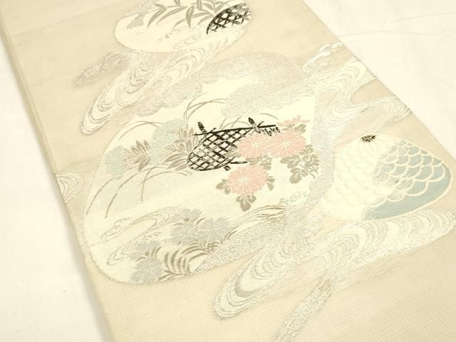 平和屋着物＊夏物 アンティーク 大正ロマン 丸帯 引き抜き帯 唐織 貝合わせ流水草花文 銀糸 正絹 cm