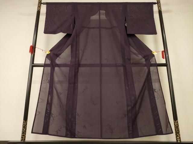 平和屋着物＊夏物 色無地 絽 流水舞葉紋紗 似せ紫色 正絹 jd