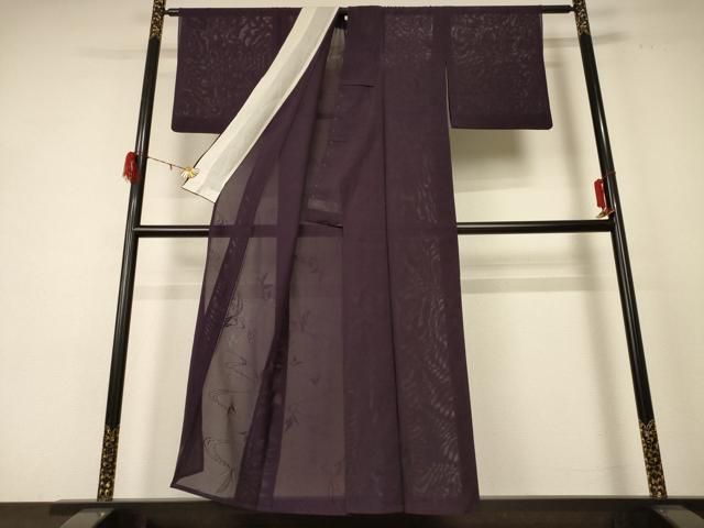 平和屋着物＊夏物 色無地 絽 流水舞葉紋紗 似せ紫色 正絹 jd