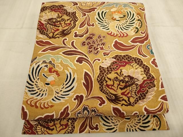 平和屋着物∵子供 全通柄袋帯 龍 鳳凰花文 金糸 ♥ ja