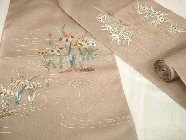 平和屋着物＊夏物 袋帯 帯反物 絽刺し 区限刺繍 菖蒲 アヤメ 金糸 裏地付き ♥ zzz