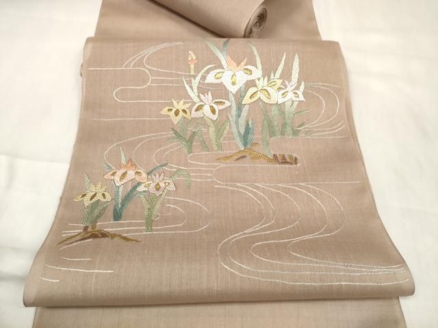 平和屋着物＊夏物 袋帯 帯反物 絽刺し 区限刺繍 菖蒲 アヤメ 金糸 裏地付き ♥ zzz