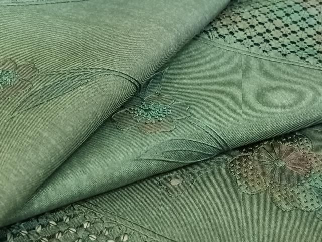 平和屋着物▽本場大島紬 単衣 中国三大刺繍 汕頭刺繍 スワトウ刺繍 草花文 正絹 jh