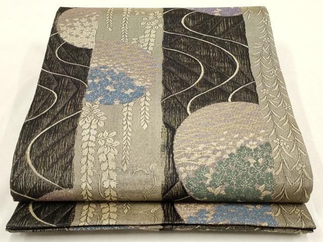 平和屋着物▽六通柄袋帯 スリーシーズン 春夏秋 流水草花間道 金糸 正絹 wj