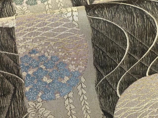  平和屋着物▽六通柄袋帯 スリーシーズン 春夏秋 流水草花間道 金糸 正絹 wj 袋帯 帯