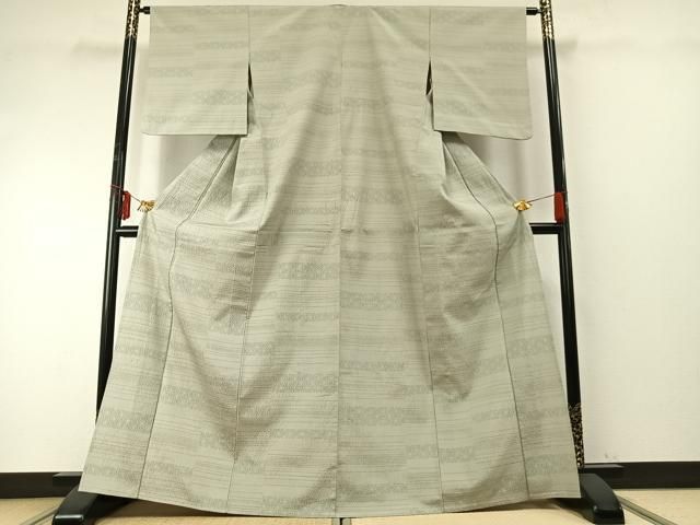 平和屋着物▽上質な紬 単衣 横段文 正絹 fy