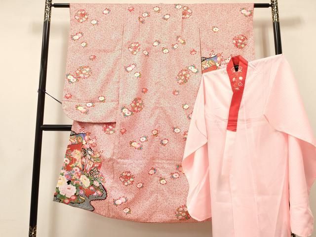 平和屋着物 七五三 女の子 ７歳 祝着 四つ身 襦袢 単衣 半衿刺繍 セット 几帳御所車花文 金彩 ma