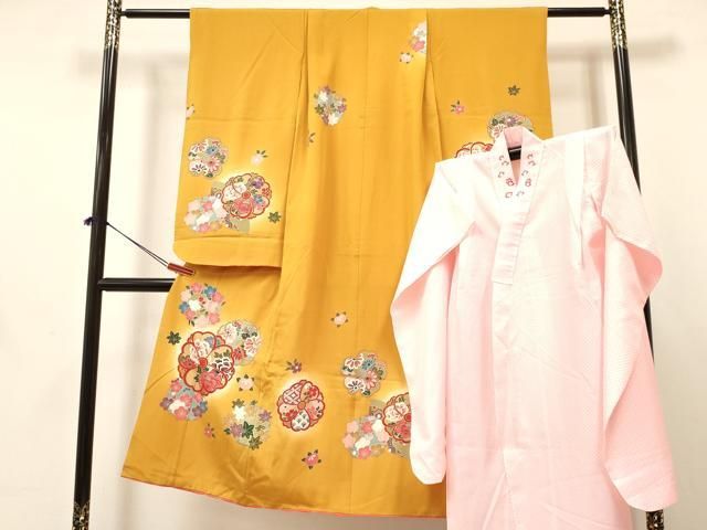 平和屋着物 七五三 女の子 ７歳 祝着 四つ身 襦袢 単衣 半衿刺繍 セット 草花文 暈し染め 金彩 ma