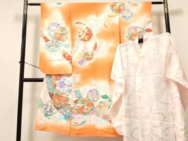 平和屋着物 七五三 女の子 ７歳 祝着 四つ身 長襦袢 無双仕立て セット 駒刺繍 短冊牡丹花文 暈し染め 金彩 ma