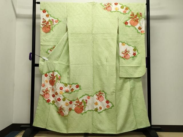 平和屋着物●豪華振袖 総絞り 駒刺繍 花籠文 正絹 gh