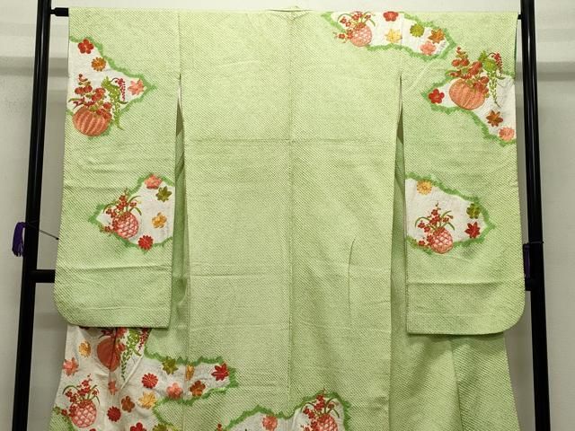 平和屋着物●豪華振袖 総絞り 駒刺繍 花籠文 正絹 gh