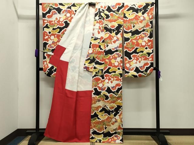 平和屋着物○豪華振袖 飛鶴松竹梅文 黒地 金彩 正絹 逸品 CABB0076gh