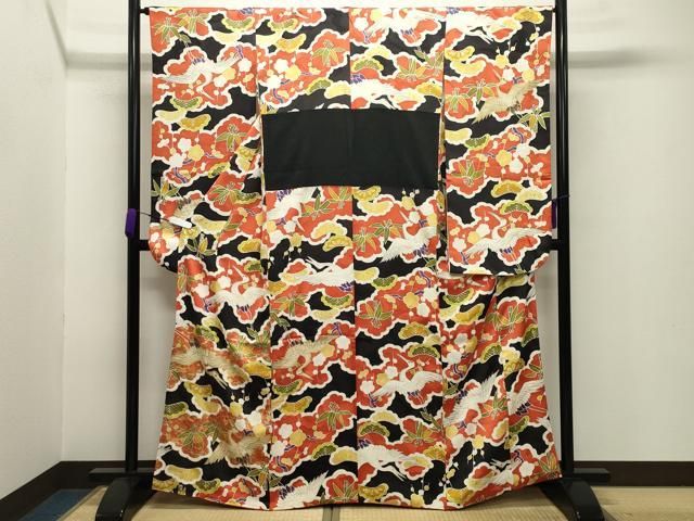 平和屋着物●豪華振袖 飛鶴松竹梅文 黒地 金彩 正絹 gh