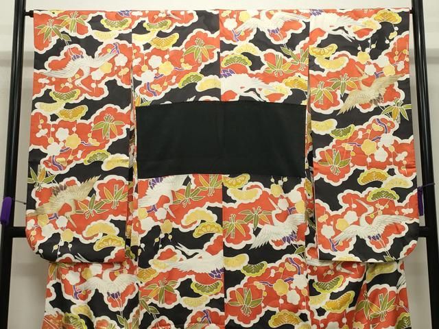 平和屋着物○豪華振袖 飛鶴松竹梅文 黒地 金彩 正絹 逸品 CABB0076gh