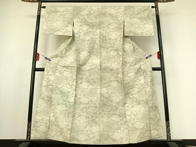 平和屋着物▽上質な紬 単衣 扇面花文 正絹 jh