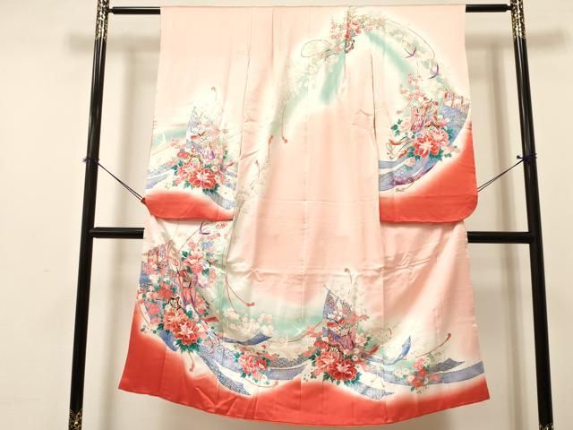 平和屋着物 七五三 女の子 ７歳 祝着 四つ身 駒刺繍 几帳御所車花文 暈し染め 金銀彩 ma