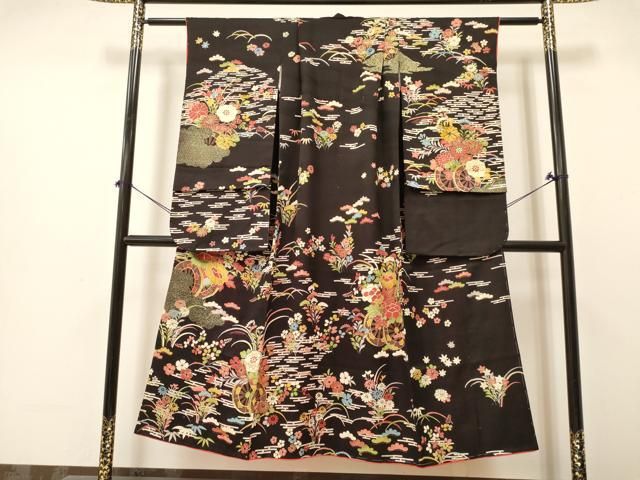 平和屋着物∵女の子 十三参り 子供 祝着 駒刺繍 花車文 黒地 金銀彩 ma