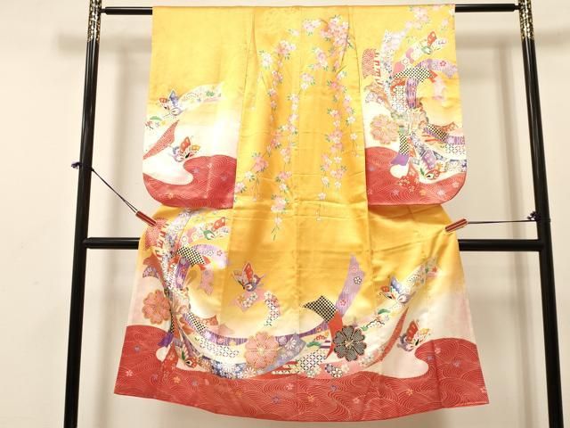 平和屋着物 七五三 女の子 ７歳 祝着 四つ身 束ね熨斗御所車花蝶文 暈し染め 金彩 ma