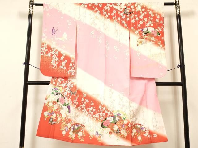 平和屋着物 七五三 女の子 ７歳 祝着 四つ身 扇面舞蝶花文 暈し染め 金彩 ma