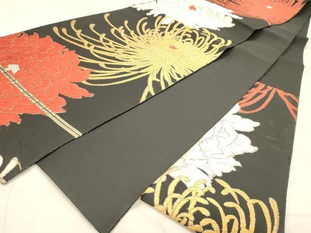 平和屋着物◎六通柄袋帯 乱菊 黒地 金銀糸 正絹 逸品 DABA2264ya