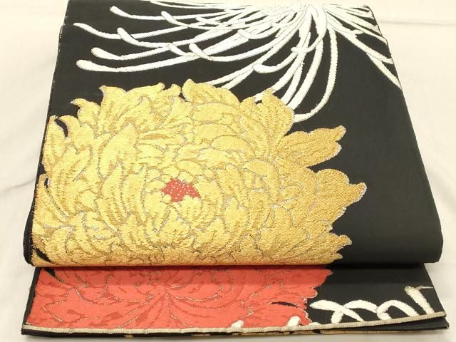 平和屋着物◎六通柄袋帯 乱菊 黒地 金銀糸 正絹 逸品 DABA2264ya