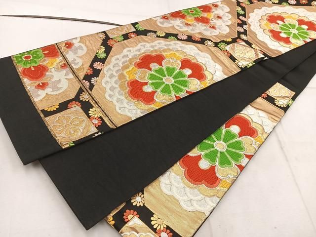 平和屋着物◎六通柄袋帯 唐織 蜀江花文 黒地 金銀糸 正絹 逸品