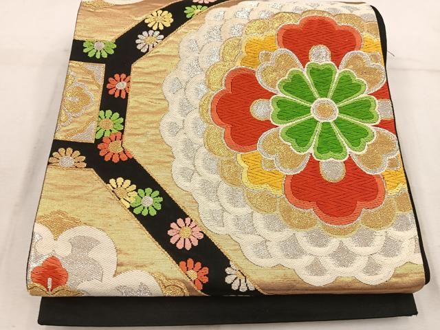 平和屋着物◎六通柄袋帯 唐織 蜀江花文 黒地 金銀糸 正絹 逸品