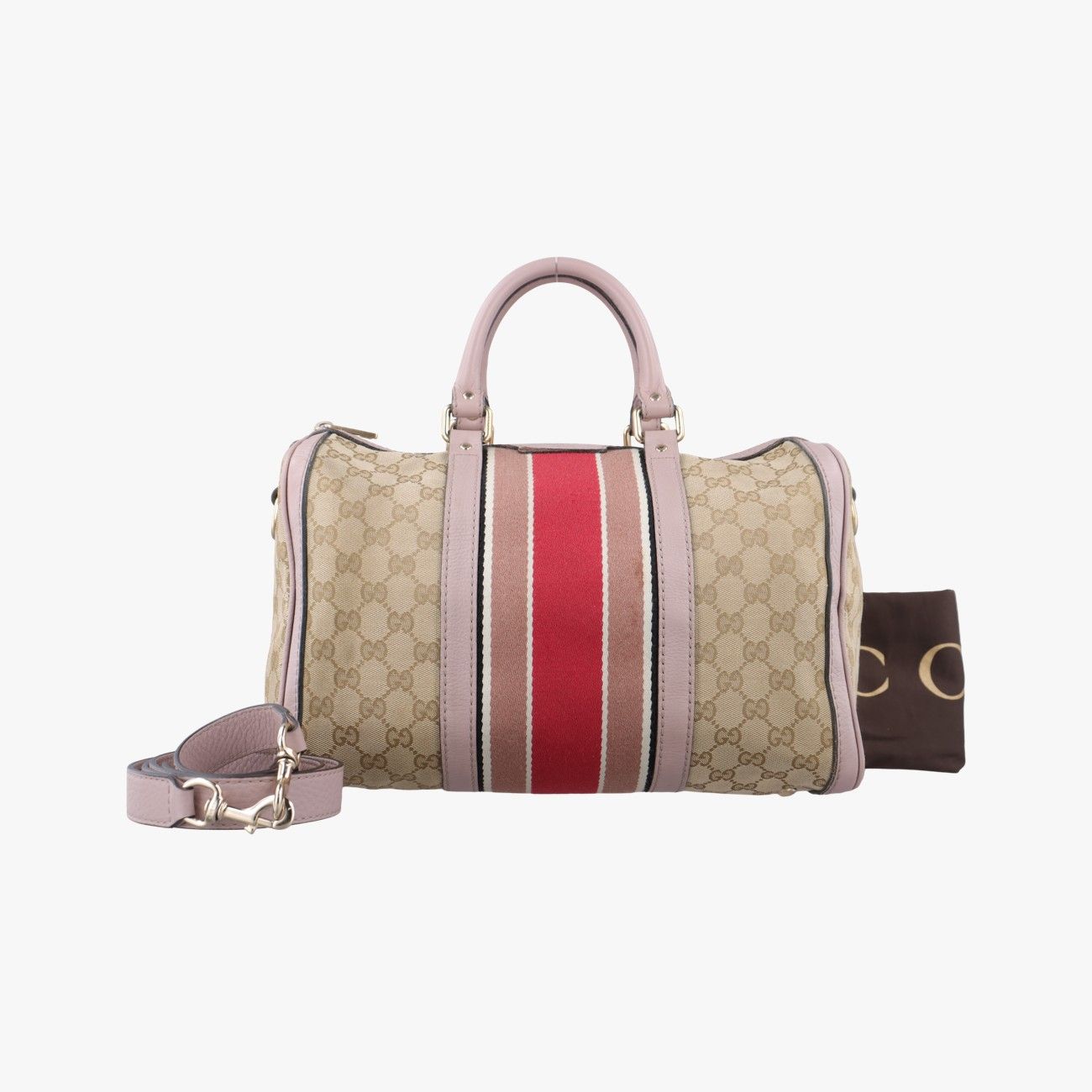 グッチGucciシェリーライン ベージュ×ピンク×マルチカラー レザー×キャンバス 247205