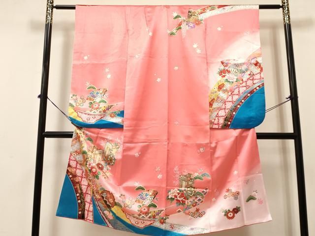 平和屋着物 七五三 女の子 ７歳 祝着 四つ身 御所車扇面花蝶文 暈し染め 金彩 ma