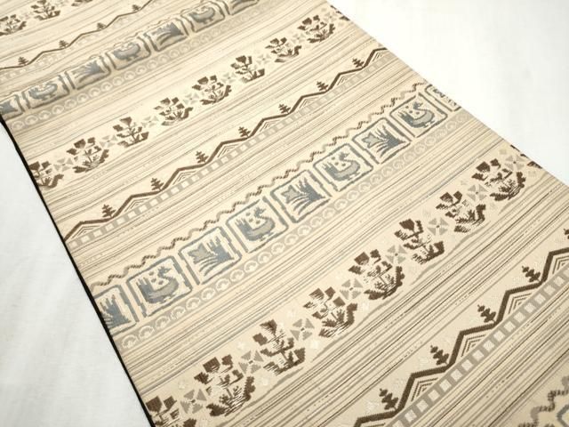 平和屋着物●全通柄 京袋帯 横段花鳥文 正絹 hy