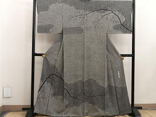 平和屋着物○二代目 川村久太郎 訪問着 枝葉文 たたき染め 黒地 正絹