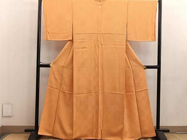平和屋着物●上質な色無地 寿光織 草花地紋 柑子色 反端付き 正絹 ♥ mz