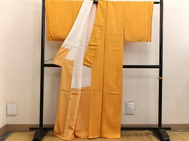 平和屋着物●上質な色無地　寿光織　草花地紋　柑子色　反端付き　正絹　逸品　未使用　BAAW3482mz 平和屋着物○上質な色無地 寿光織 草花地紋 柑子色 反端付き 正絹 逸品