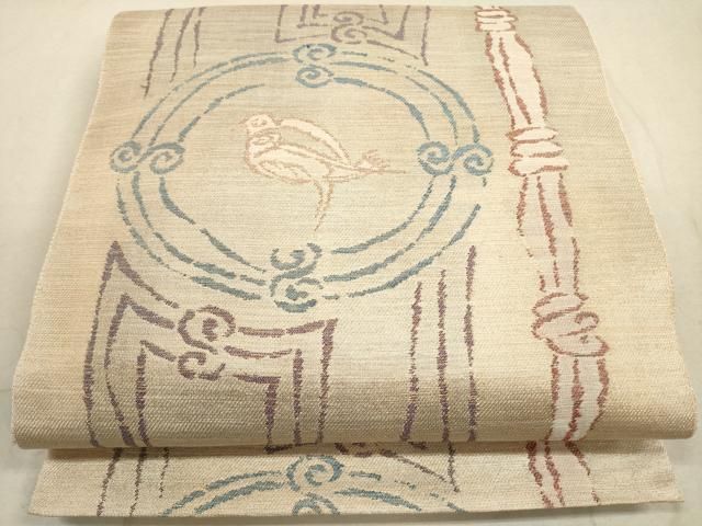 平和屋着物▽袋帯 スリーシーズン 春夏秋 幾何学鳥文 金糸 正絹 xg